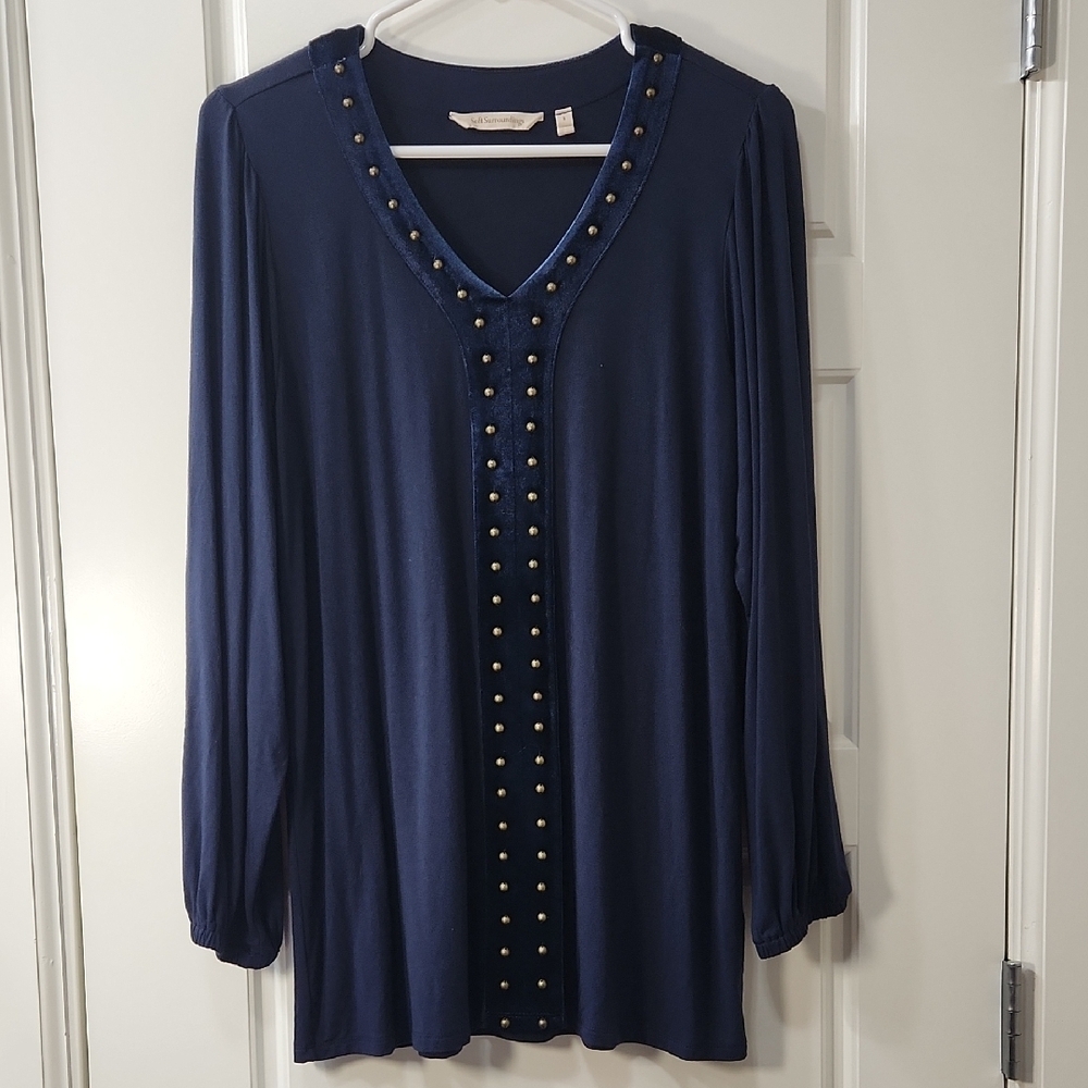 Soft Surroundings Navy Studded Long Sleeve Blouse Small